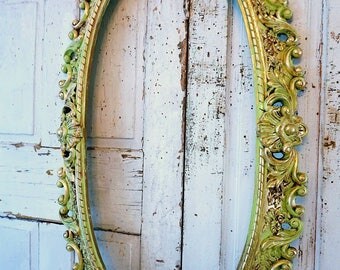 Green frame wall hanging gold accents shabby cottage chic huge distressed apple lime mixed green French home decor anita spero design