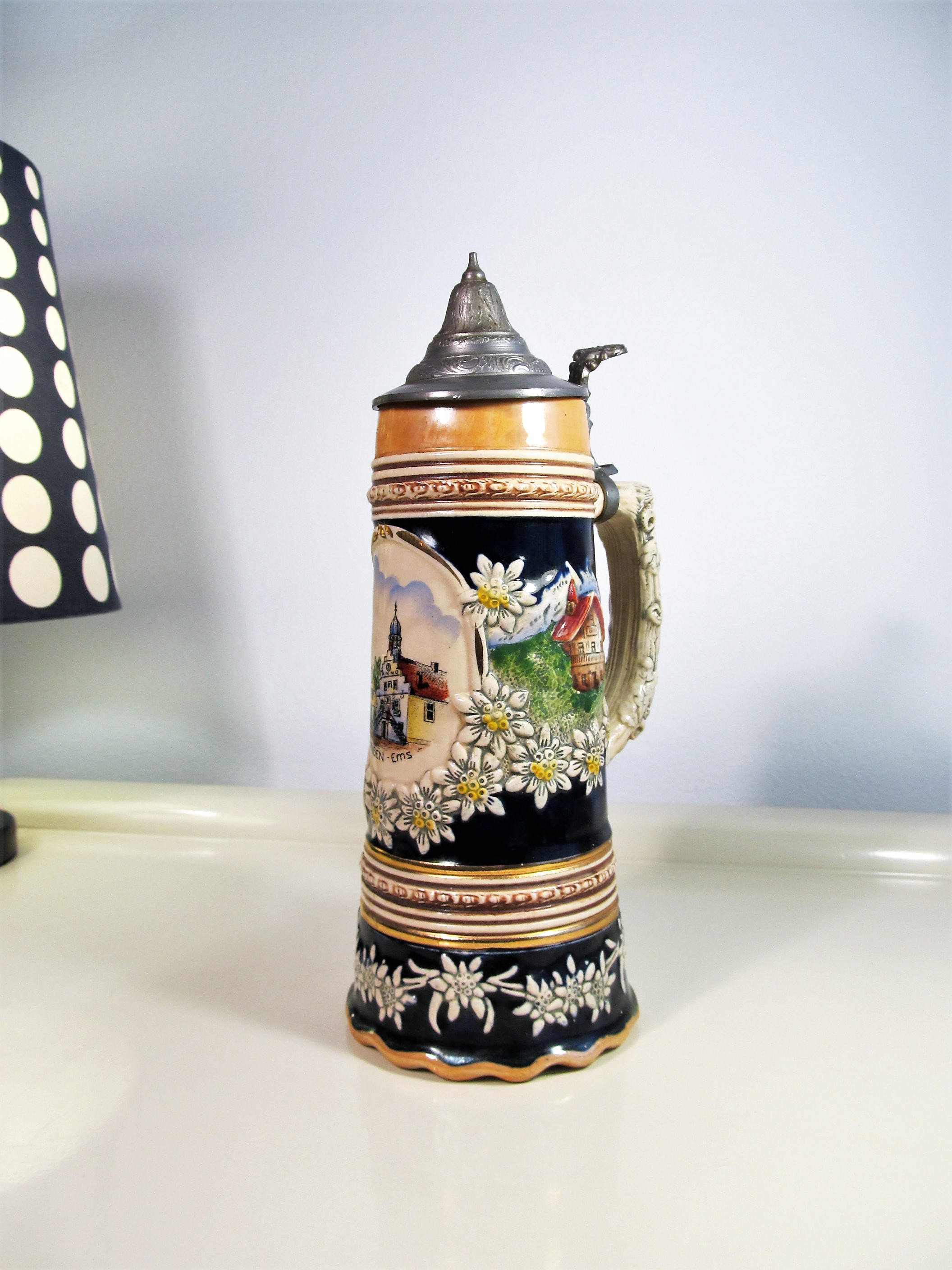 Vintage Large West German Lidded Musical Beer Stein Thorens