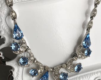 vintage rhinestone choker necklace bogoff designer silver toned clear light blue mid century art deco links bride bridal wedding