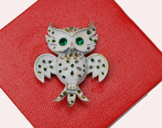 Owl Brooch - White Enamel - Green Rhinestone- Mid Century figurine bird pin