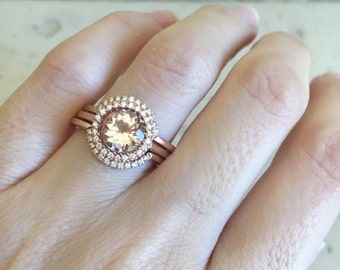 round morganite engagement ring rose gold morganite engagement ring set morganite bridal set ring - Morganite Wedding Ring Set round morganite engagement ring rose gold morganite engagement ring set morganite bridal set ring - Morganite Wedding Ring Set