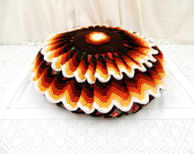 Vintage 1960s Large Round Decorative Pillow Crochet Cover, Midcentury 70s Home Decor Woollen Cushion Cover, French Handmade Pillowcase