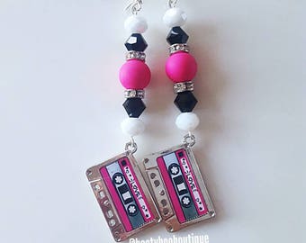 Statement Earrings Kawaii Earrings Dangle earrings 1980s inspired Hot Pink Black Nickel Free Prom Weddings Bridesmaid Jewelry Cassette Tapes