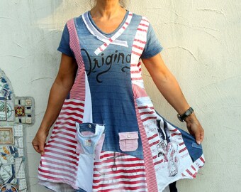 M-L Fantasy sailor striped appliqued patchwork recycled dress tunic hippie boho