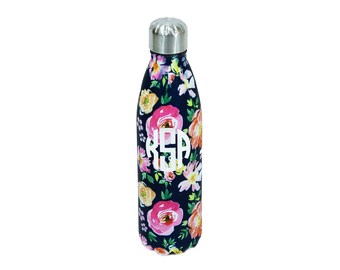 Floral Monogram Water Bottle, Stainless Steel Water Bottle, Monogram Travel Mug, Personalized Water Bottle, Double Walled Water Bottle