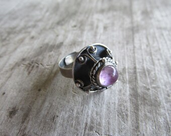 Mythical Mexican Silver Amethyst Poison Ring - Adjustable, Stamped with Makers Mark and Eagle Stamp