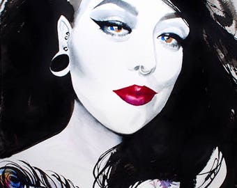 Fashion Portrait Original Painting Jet Black Hair Red Lipstick Edgy Salon Decor, Fashion Illustration