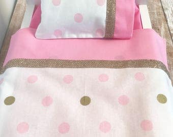 Doll Bedding, 18 Inch Doll Bedding, Doll Sheets, Doll Pillow, Pink, White, Gold, Includes Sheet, Pillow Case and Pillow
