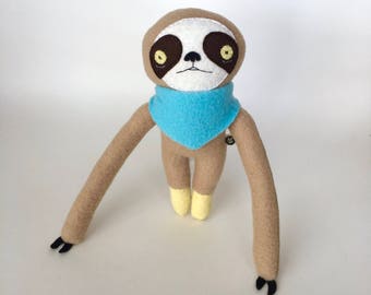 Beige Sloth Plush Stuffed Animal with Light Blue Fleece Bandana Scarf, Retro Inspired, OOAK, Designer Toy, Custom