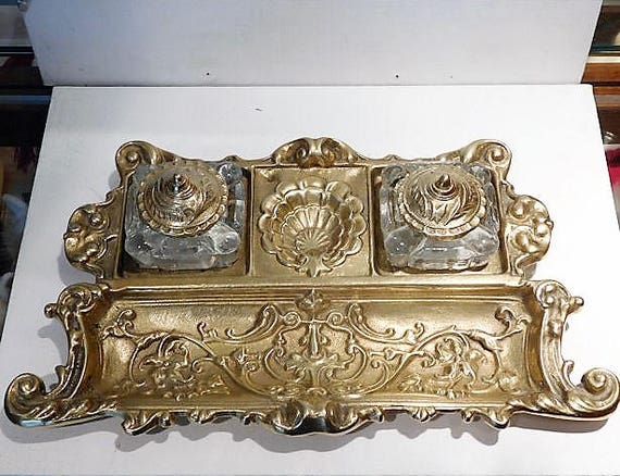 Brass Inkwell / Double Inkwell / Brass Double Inkwell / Home Office Decor / Desk Set