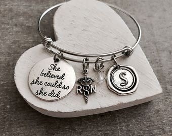 Silver Bracelet, Charm Bracelet, RN Nurse, Nursing Graduation, Nurse Gift, Registered Nurse, Medical, She believed she ,could so she did