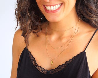 Dainty Layering Gold Necklaces Set. Gold Monstera Necklace. Leaf Necklace. Minimalist Layered Choker. Ball Chain Necklace. Gift for Women