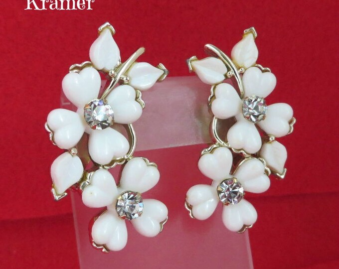 Kramer White Flower Earrings, Vintage Lucite Rhinestone Silvertone Clip-ons, Valentine's Day Gift