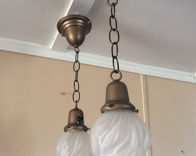 Vintage Pair Pendant Lights White Stalactite Flame Shades 1940s Bronze or Brass Fixtures
