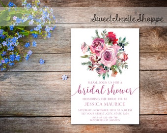 Roses Bridal Shower Invitation, Floral Wedding Shower Invitation, Winter Roses Bridal Shower, Printable Roses Bridal Invitation, Fall Winter