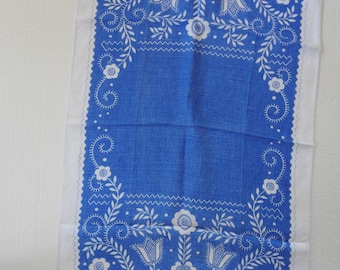 Vintage Linen Tea Towel Dish Towel in Blue and White Portuguese Design Used in Great Condition