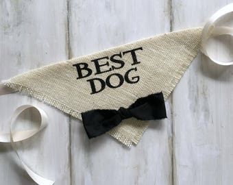 Best Dog Wedding Dog Bandana Ivory Burlap with Black Bow Tie Engagement Save the Date Pet Wedding