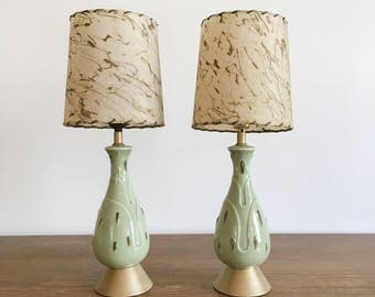 Mid-Century Table Lamps - Pair of Vintage Green Lamps with Fiberglass Lamp Shades