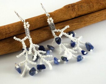 Gemstone earrings Wedding earrings Bohemian earrings Tiny earrings White earrings Delicate earrings Girl Gift|For|Women White and blue