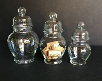 Vintage 1970s Clear Glass Apothecary Jars. Set of 3 Storage Containers, Terrarium, Bathroom Storage, Candy. Libbey Crystal Creations