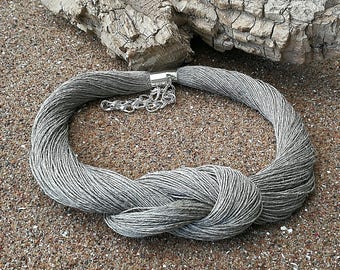 Linen Necklace Knot Necklace Linen Fiber Necklace Natural Linen Linen Cord Necklace Beach Jewelry Eco Style Jewelry Braided Necklace Grey