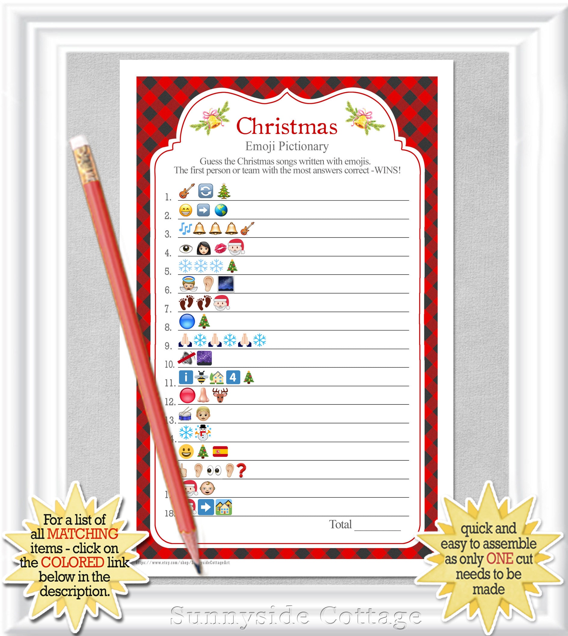 Instant Download Christmas Songs EMOJI Pictionary with a red