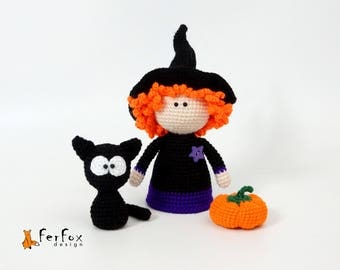 Witch doll Black cat Pumpkin Halloween decor Witch figurine Handmade doll Red haired Witch Halloween gift Fall decor Halloween decoration