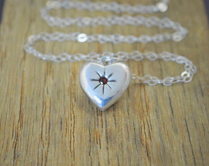 Garnet Mothers Necklace, Silver Heart Necklace, Garnet Necklace, Dainty Necklace, Heart Necklace, Mothers Necklace, January Birthstone