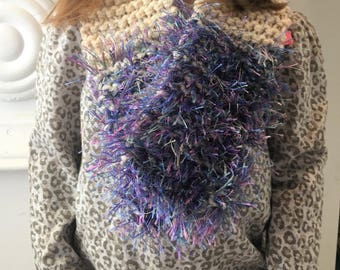 Cream, Purple Scarf Toddler Scarf Knitted Wool Acrylic Yarn Fall or Winter Warm Decorative Accent Fun Kid Scarf Child Scarf Fuzzy