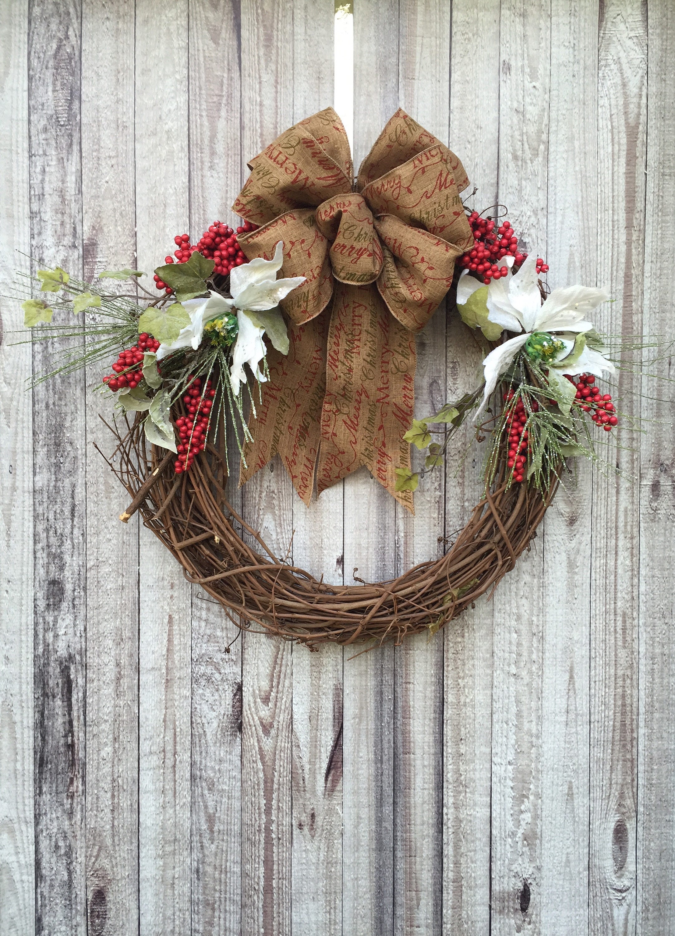 Rustic Christmas Wreath Red Berry Poinsettia Greenery Rustic Christmas Wreath Red Berry Poinsettia Greenery