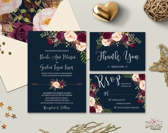 Navy Burgundy Wedding Invitation Printable Boho Floral Wedding Invite Marsala Peony Rustic Wedding Invitation Suite Digital or Printed
