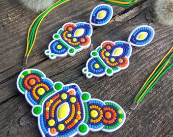 Rainbow jewelry gift for her gifts anniversary Bright jewelry Colorful jewelry Ethnic jewelry Boho jewelry Yellow orange Blue green Soutache