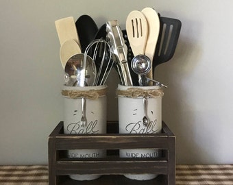Mason Jar Utensil Holder, Kitchen Utensil Holder, Kitchen Mason Jar Set, Rustic Kitchen Decor, Farmhouse Kitchen Decor, Shabby Chic Decor