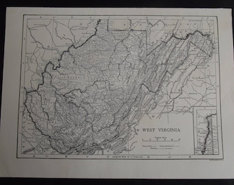 Vintage Map of West Virginia, United States, North America, c 1920s