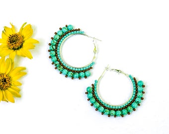 Birthday Gift|for|Her Boho Earrings Turquoise Earrings Turquoise Round Earrings Sterling Silver Plated Earrings Turquoise Jewelry|for|Mother