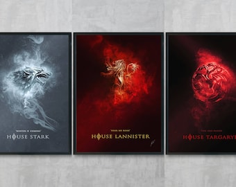 Game of Thrones Art Bundle - House Stark Poster Print - Game of Thrones Wall Art - Lannister Portrait - Living Room Wall Decor - GOT A3 Art