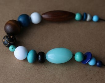 Blue/Black/White/Brown/Wood/Plastic Necklace, Chunky Necklace, Recycled Materials, Beaded Necklace
