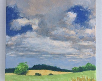 Landscape Painting Fields Original Painting on Canvas 8x8 Summer Meadow Sky Clouds