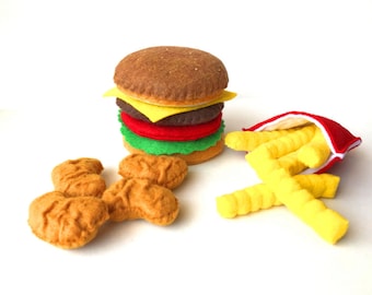 Felt Food Hamburger, french fries & chicken nuggets set eco friendly children's pretend play food for toy kitchen, felt hamburger, felt bbq