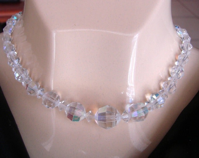 Mid Century Aurora Borealis Austrian Crystal Glass Bead Choker Necklace / Wedding Bridal / Jewelry / Jewellery