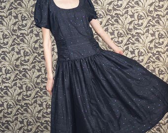 Rainbow polka dot silk dress, vintage 1980s , summer dress, black dress full skirt midi dress, bohemian clothing, boho dress