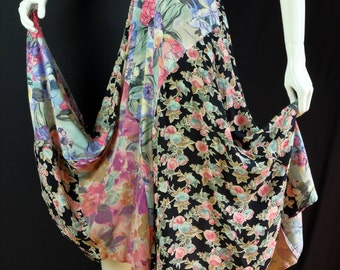 Boho maxi summer skirt Colorful gypsy skirt 90s vintage clothing Full circle long floral skirt Patchwork rayon skirt Black pink midi skirt