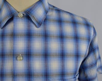 Vintage 1960s Blue Plaid Short Sleeve Shirt by MacTaqqart Size Medium