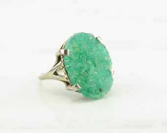 Green Carved Floral Sterling Ring Silver Jadeite Peking Glass Chinese