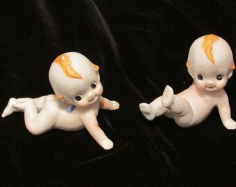 Two Playful Vintage Bisque Kewpies with Blue Wings-Blonde Hair
