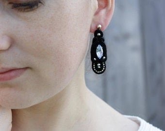 Gift|for|her Crystal stud earrings Blue crystal earrings Art deco earrings Black earrings Artisan earring Swarovski earring Soutache earring