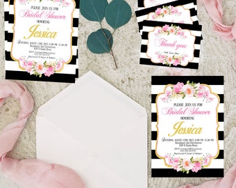 PRINT INVITATIONS,Kate spade Bridal Shower Invitation, Black and White Striped Invitation, Black and Pink Invitations, Gold Glitter,gold