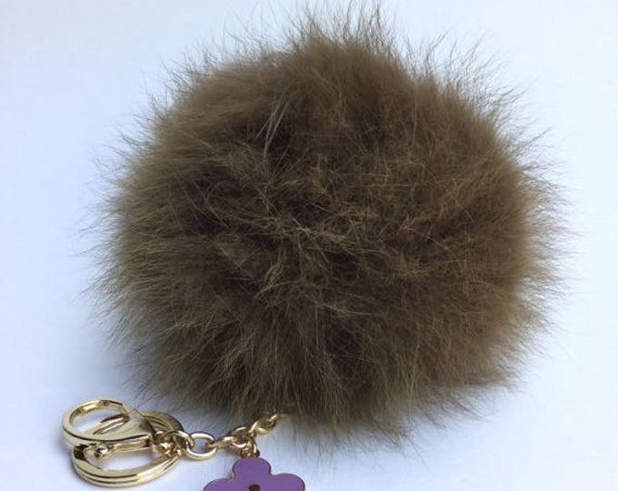 Brown Fur Pompon bag charm pendant Fur Pom Pom keychain with flower charm