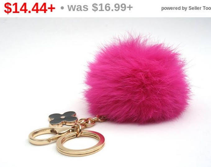 HOT PINK fur pom pom ball keychain or bag pendant with flower charm from Pom-Perfect Collection™