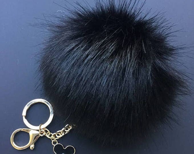 NEW! Faux Fox Fur Pom Pom bag Keyring Hot Couture Novelty keychain pom pom fake fur ball in Black